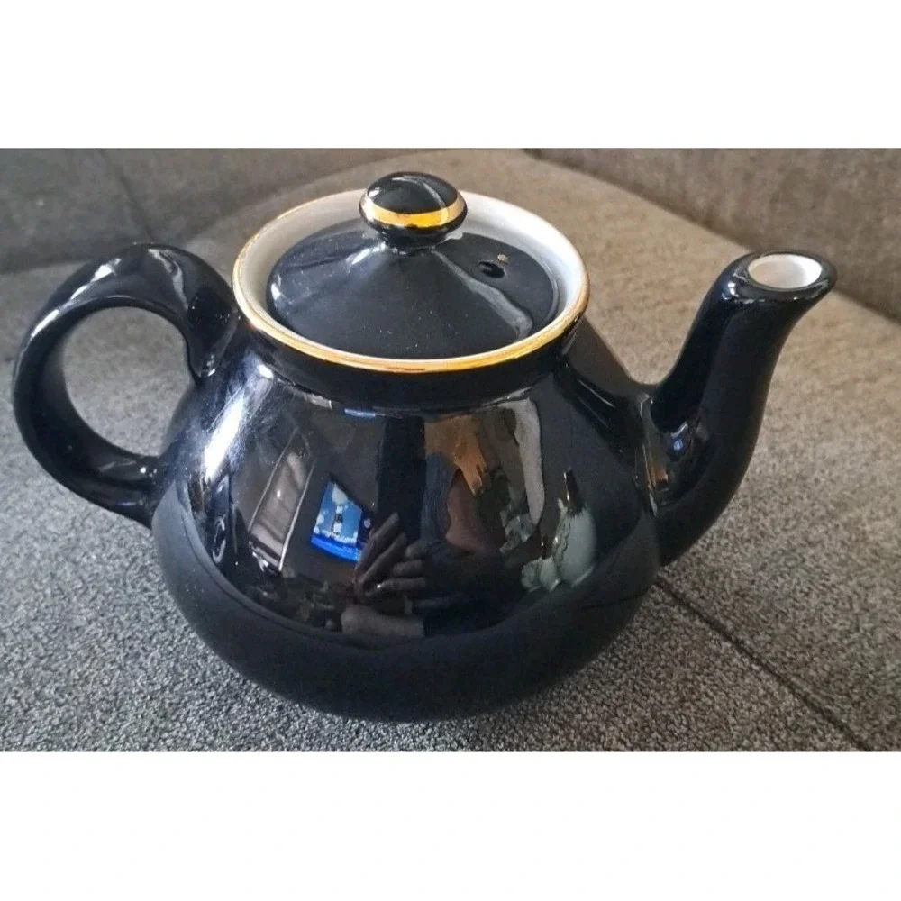 Vtg Hall China New York 2 Cup Teapot Deep‎ Navy Blue Gold Trim Made USA